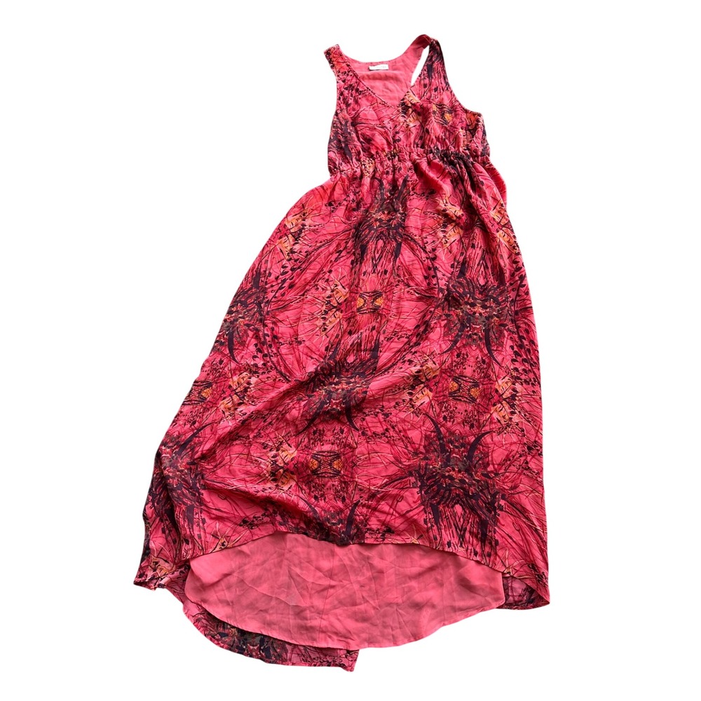 Hinge Red Orange Abstract Print High Low Maxi Dress Sleeveless V-Neck Small